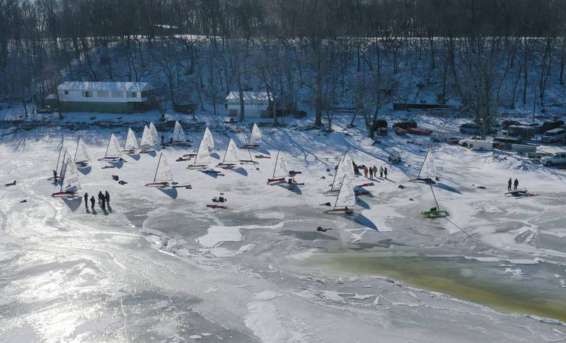 Ice boats prepare to race during the 2022 US National DN Ice Boat racing on Senachwine Lake on Wednesday Jan. 26, 2022 near Putnam.