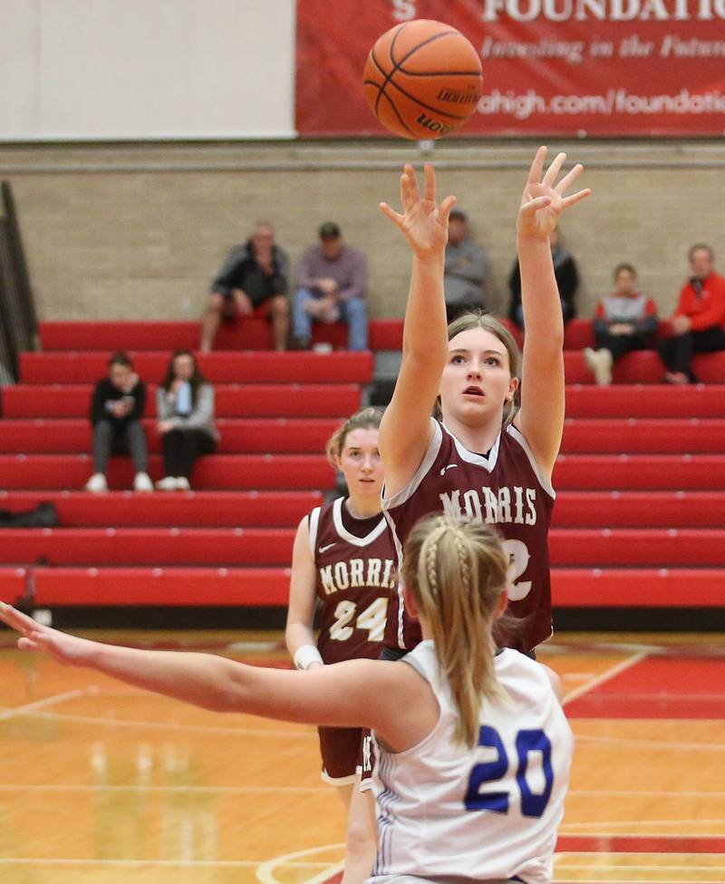 Morris's Layken Callahan takes a jump shot over Princeton's Reese Reviglio during the Lady Pirate Holiday Tournament on Wednesday, Dec. 20, 2023 in Kingman Gym.