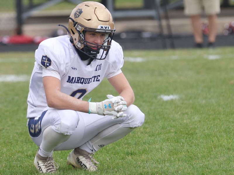Marquette's Easton Debernardi looks concerned while trailing during the Class 1A playoff game on Saturday, Nov. 1, 2025 at Gibson City-Melvin-Sibley High School.