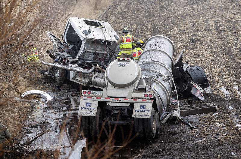 The mangled tanker sits in a cornfield along Interstate 88 on Monday, Feb. 3, 2025. One person was transported from the scene.