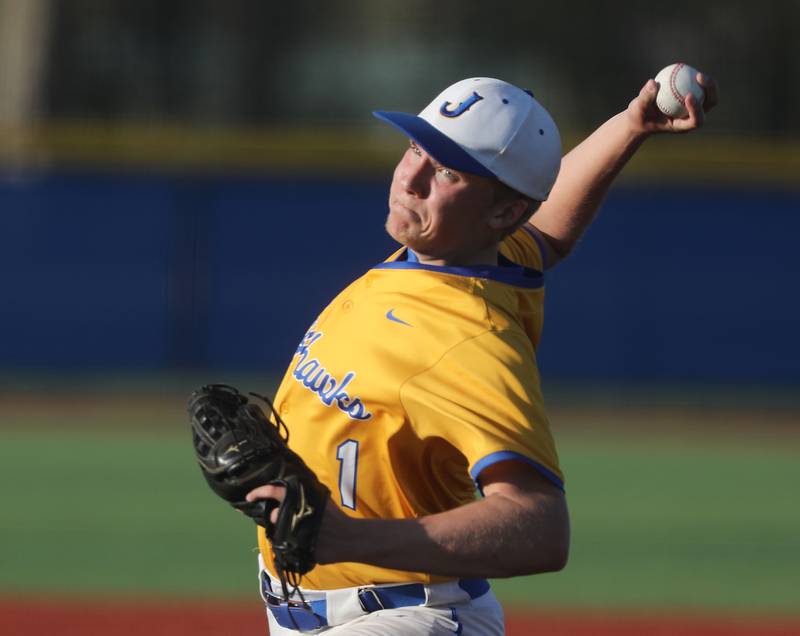 Johnsburg's Jacob Smith throws a pitch during a Kishwaukee River Conference baseball game against Marengo on Wednesday, April 22,2026, at Johnsburg High School.