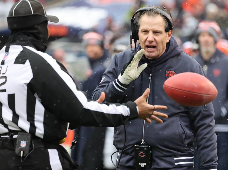 Chicago Bears head coach Matt Eberflus talks to an official during their game against the Atlanta Falcons Sunday, Dec. 31, 2023, at Soldier Field in Chicago.