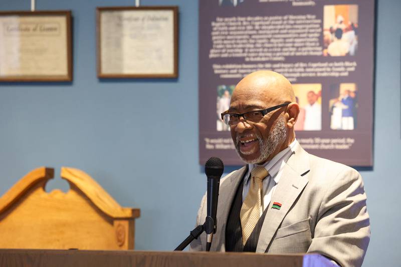 Rev. Thomas Irvin, minister of Morning Star Baptist Church in Kankakee, speaks about the late Rev. William Copeland as a community leader and friend during the opening of the exhibit 'Called to Kankakee: The Life and Legacy of the Rev. William H. Copeland Jr.' at the Kankakee County Museum on Saturday, Feb. 7, 2026.