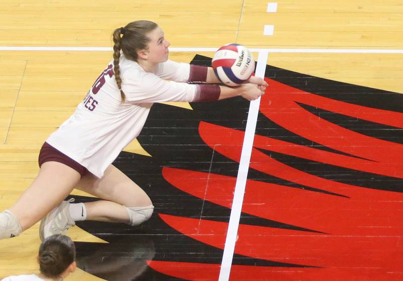 Prairie Ridge's Adeline Grider dives for the ball during the Class 3A State semifinal game on Friday, Nov. 15, 2024 at CEFCU Arena in Normal.