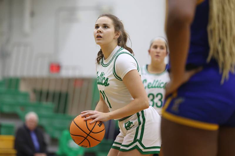 Providence’s Taylor Healy takes a free throw against Joliet Central in the WJOL Girls Basketball Tournament on Wednesday, Nov. 20, 2024 in New Lenox.