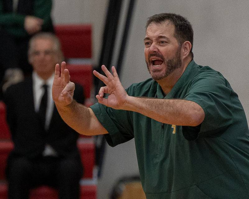 St. Bede Head Coach Brian Hanson yells at team during game against Hall on Saturday, January 31, 2026 at Hall High School in Spring Valley.