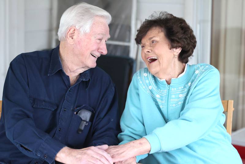 Morry and Joan Drury share a laugh Thursday, Feb. 9, 2023, at their home in DeKalb. The couple celebrated their 70th wedding anniversary in Sept. of last year.