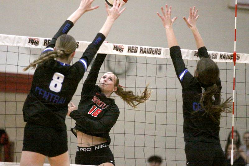 Huntley’s  Sienna Robertson hits the ball against Burlington Central in varsity volleyball at Huntley High School in Huntley on Thursday, Oct. 24, 2024.