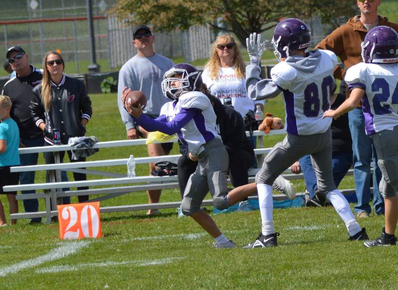 Rochelle's Aiden Bloomberg intercepts a Stillman Valley pass in the final seconds of a 20-6 win in the seventh-grade junior tackle football game on Sunday, Sept. 7, 2025.