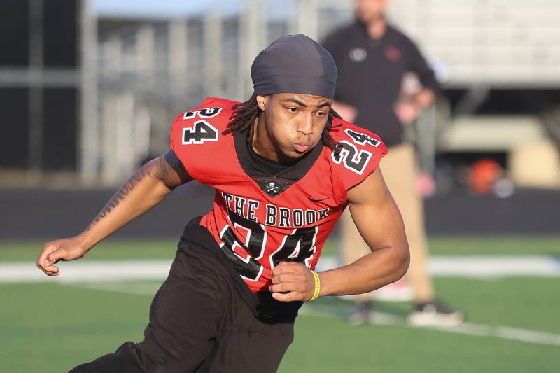 Bolingbrook’s Damir White runs a drill at the IHSA Southwest Suburb Showcase combine on Thursday, May 7, 2026 at Plainfield North High School.