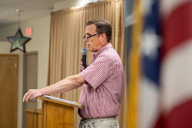 Bureau County Coroner Candidate Kurt Workman talks at debate on Wednesday, October 2, 2024 at Moose Lodge in Princeton.