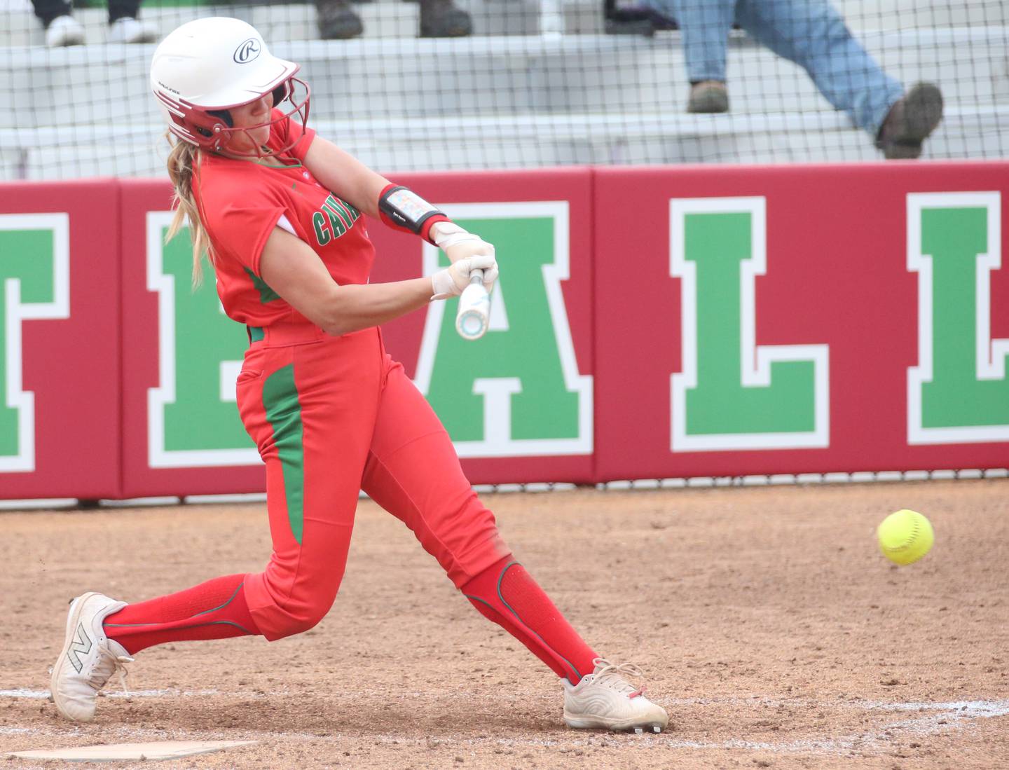 L-P's Karmen Piano smacks a hit against Rochelle on Wednesday, April 10, 2024 at the L-P Athletic Complex in La Salle.