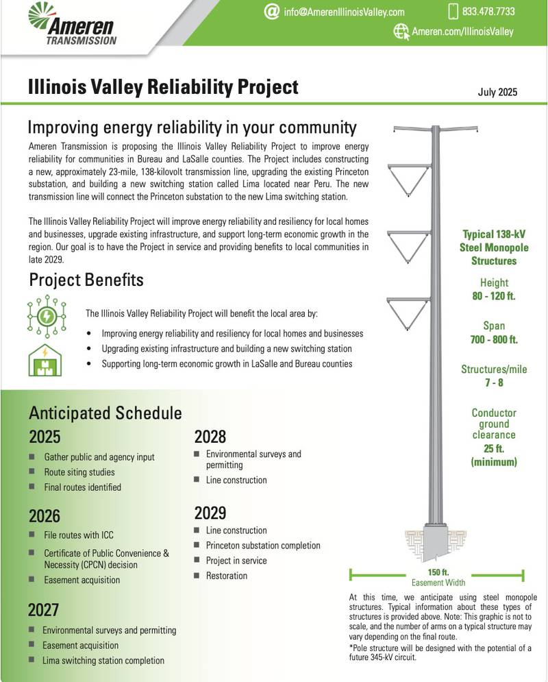 A view of an information sheet provided by Ameren showing the proposed site of the Illinois Valley Reliability Project from Peru to Princeton.