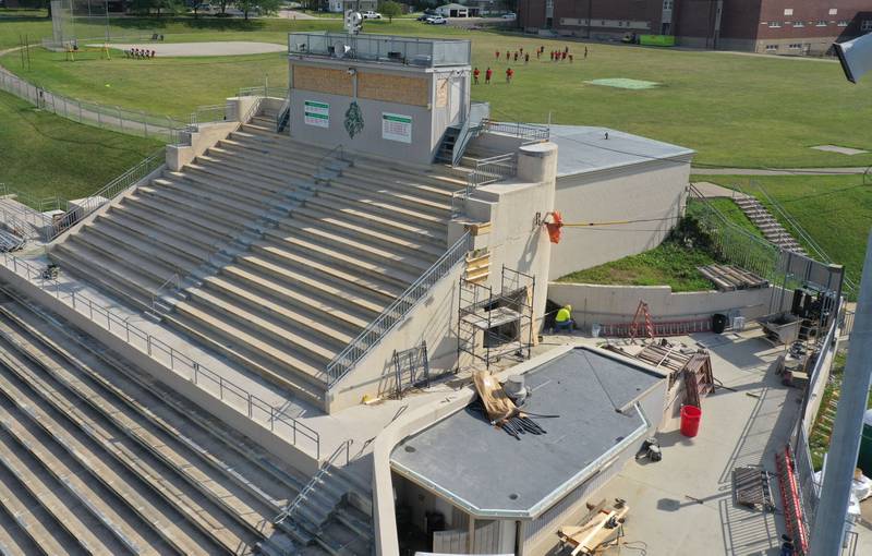 Crews work on replacing concrete masonry in Howard Fellows Stadium on Tuesday, July 16, 2024 at La Salle-Peru Township High School. The project includes improvements to the walls, bathrooms, press box windows and signage. The last time the school renovated the concrete portion was in the mid-1990's. The stadium will be ready for the football season.