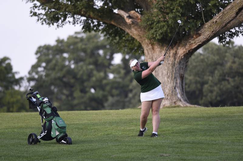 Bishop McNamara's Cassidy Novak shoots for the green at Minne Monesse Golf Club on Friday, August 15, 2025.