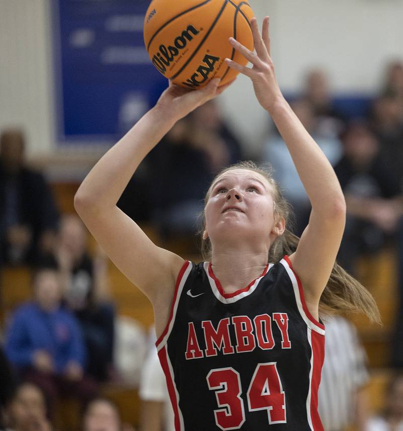 Amboy’s Bella Yanos puts up a shot against Morgan Park Academy Tuesday, Feb. 25, 2025, in the Class 1A Sectional semifinal at Hinckley-Big Rock.