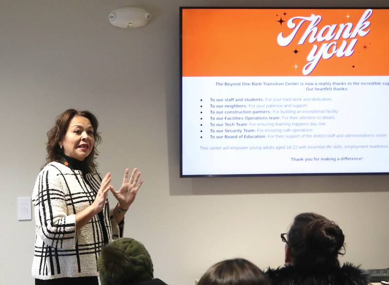 DeKalb School District 428 Superintendent Minerva Garcia-Sanchez speaks Wednesday, Jan. 22, 2025, during the grand opening celebration of the Beyond One Barb Transition Center in DeKalb. The the transition program has been in place to facilitate students with intellectual and developmental disabilities aged 18-22 into adulthood and independent living.