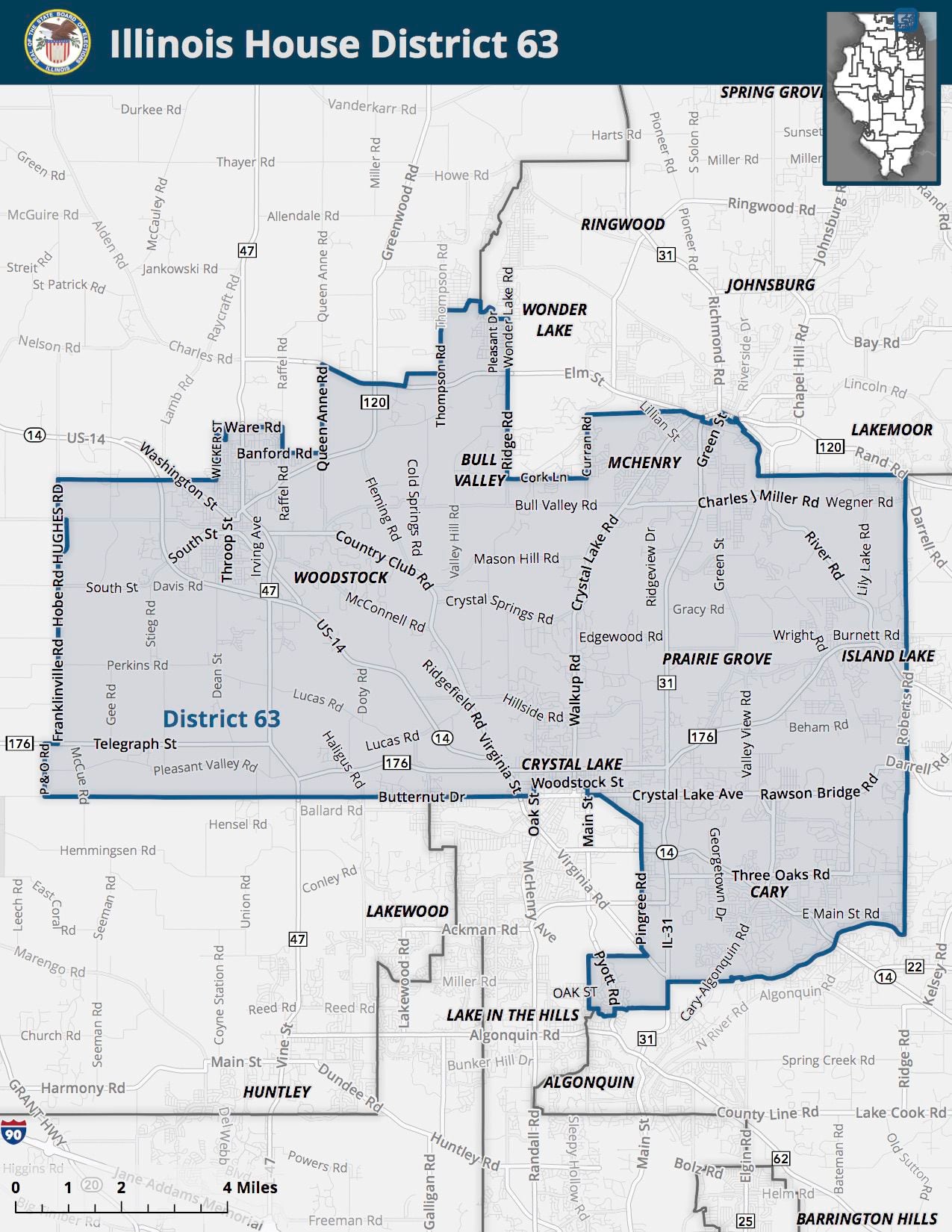 Illinois House District 63 encompasses a large central portion of McHenry County stretching from Woodstock to Island Lake, and includes large portions of Cary, Crystal Lake and McHenry.