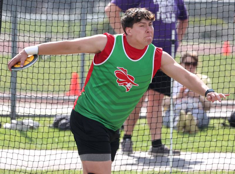 LaSalle-Peru’s Ricardo Santiago competes in the discus Tuesday, May 13, 2025, during the Interstate 8 Conference boys track championships at Rochelle High School.