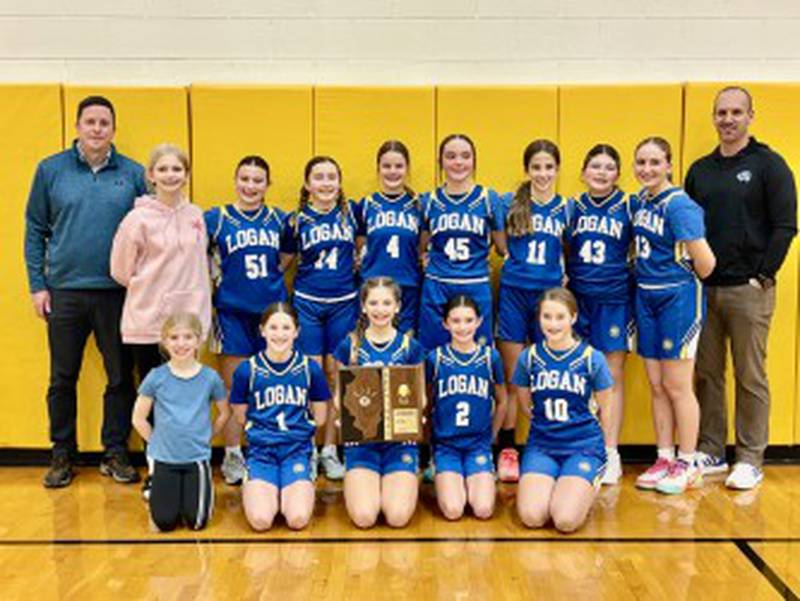 Princeton Logan captured the Class 3A Morris Saratoga Sectional seventh-grade championship on Wednesday, defeating Lisle 24-12. The Lions (17-3) advance to the IESA Class 3A State quarterfinals  to face Hillsboro (23-1) at 2:30 p.m. Saturday at Auburn High School. Team members are (front row, from left) manager Cora Gutshall  Lauren Driscoll, Leena Gutshall, Ashlyn McConnell and Hattie Dye; and (back row) coach Garey Driscoll, Addi Odell, Alyxis Watson, Haleigh Mack, Abby Michlig, Maycie Munson, Alivia Norman, Avery May and coach Adam Gutshall.
