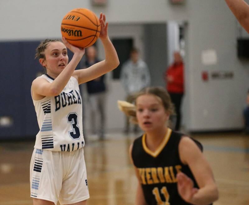 Bureau Valley's Emma Mussche shoots a jump shot over Riverdale's Mya Dalaska during the Thanksgiving Tournament on Wednesday, Nov. 20, 2024 at Bureau Valley High School.