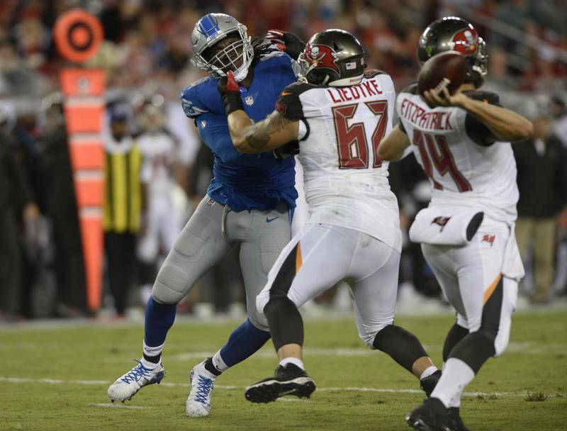 Detroit Lions defensive end Ezekiel Ansah (94) works against Tampa Bay Buccaneers offensive guard Michael Liedtke (67) during the first half of an NFL preseason football game Friday, Aug. 24, 2018, in Tampa, Fla. (AP Photo/Jason Behnken)
