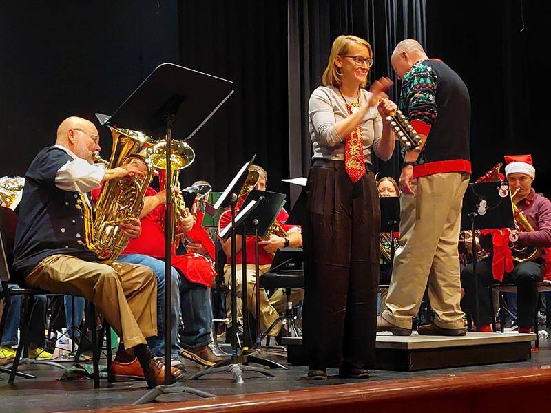 The bells are played to accompany tubas Sunday, Dec. 17, 2023, during "Jingle Bells" at TUBACHRISTMAS at Hall High School in Spring Valley.