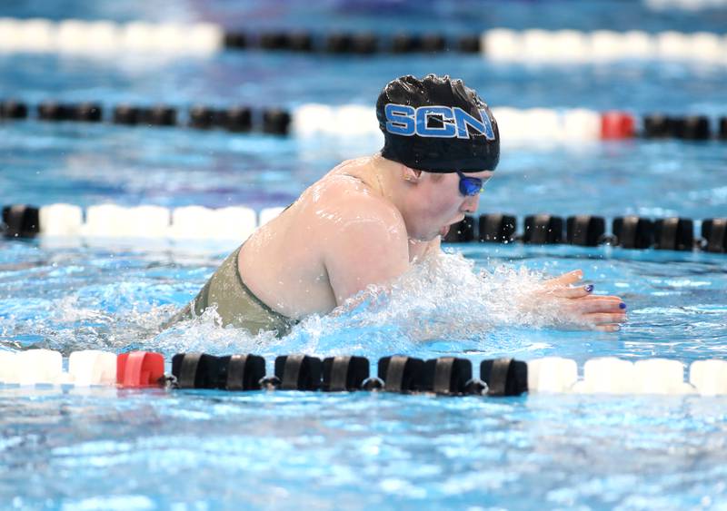 St. Charles North’s Isabelle Beu competes in the 200-yard individual medley championship heat during the IHSA Girls State Championships on Saturday, Nov. 16, 2024 at FMC Natatorium in Westmont.