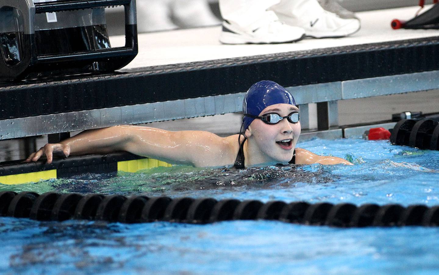 Oswego's Lauren Wille reacts to her time in the 200-yard freestyle during the IHSA Girls State Swimming and Diving Championships at FMC Natatorium in Westmont on Saturday, Nov. 13, 2021.