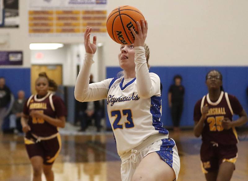 Johnsburg's Casie Majercik drives to the basket during a IHSA Class 2A Johnsburg Sectional girls basketball semifinal game against Chicago Marshall on Tuesday, February, 24, 2026, at Johnsburg High School.
