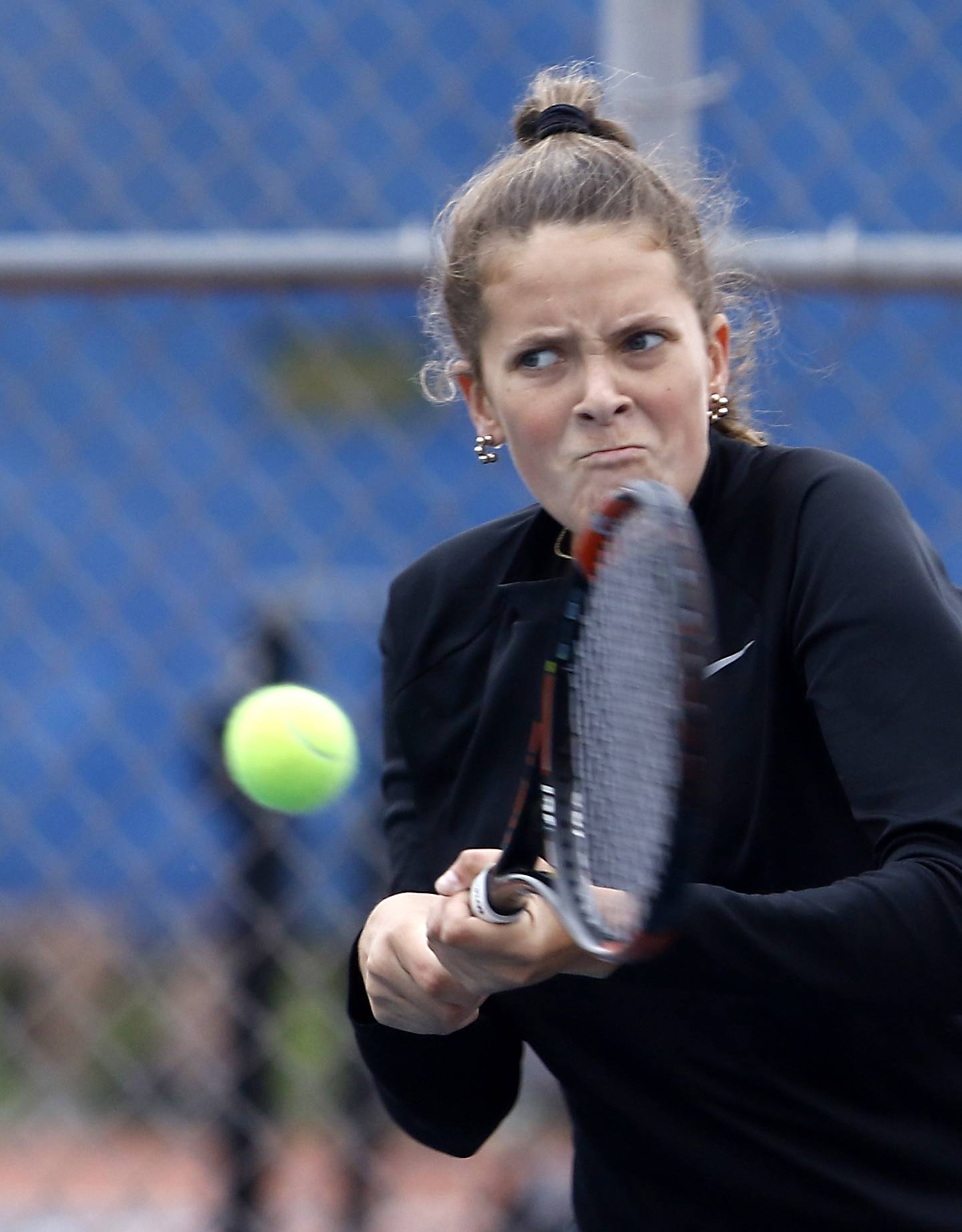 Ottawa’s Rylee O’Fallon returns the ball Thursday, Oct. 19, 2023, during doubles match on the first day of the IHSA State Girls Tennis Tournament at Hoffman Estates High School in Hoffman Estates.