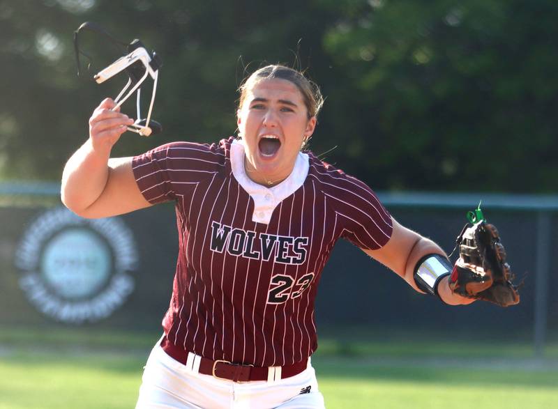 Prairie Ridge’s Reese Mosolino and the Wolves celebrate a win over Antioch in IHSA Class 3A Supersectional softball action at Kaneland High School in Maple Park on Monday, June 9, 2025.