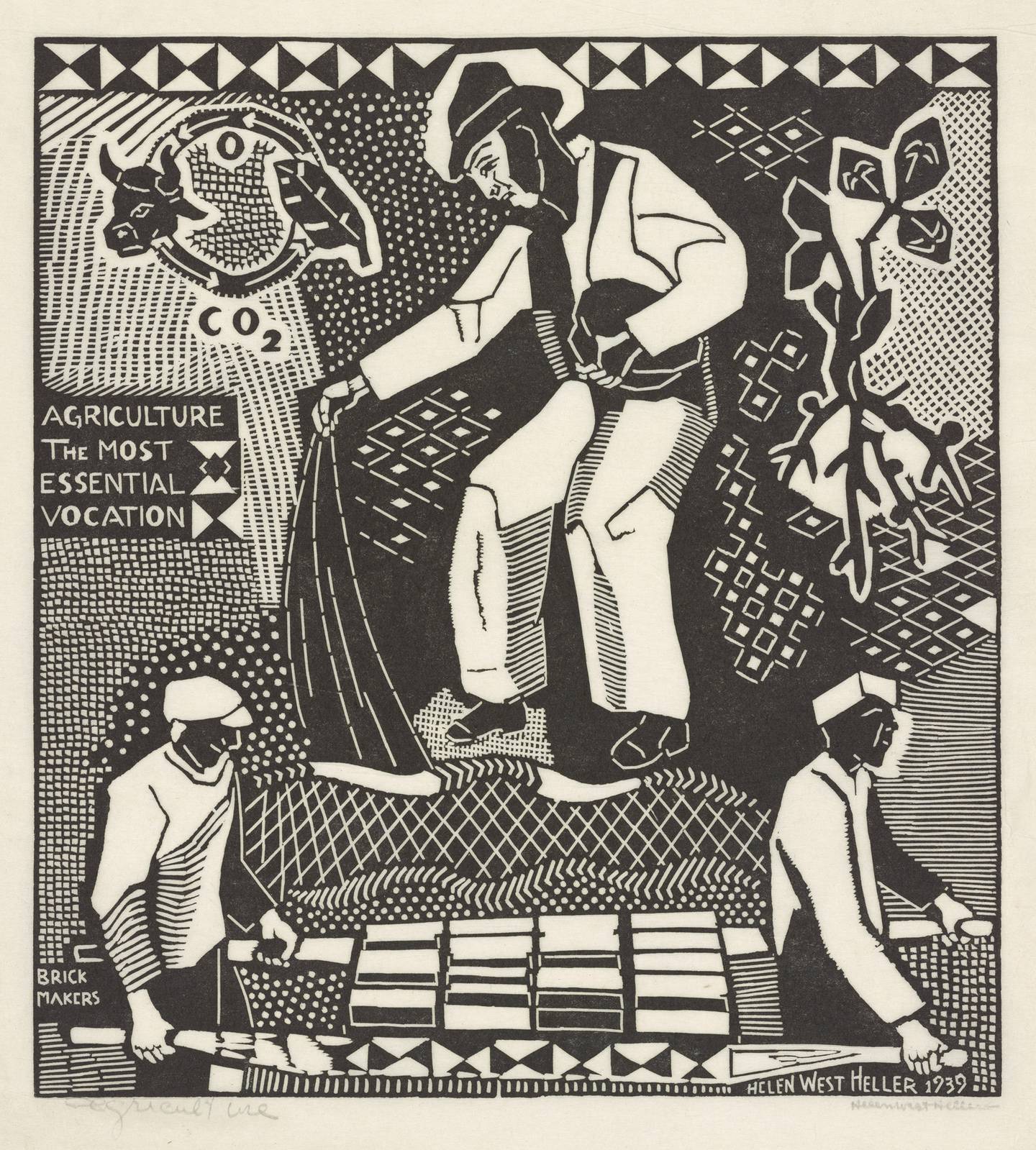 This woodcut print by artist Helen West Heller is titled "Agriculture." She was born in 1872 near Rushville, Illinois, and died in 1955.