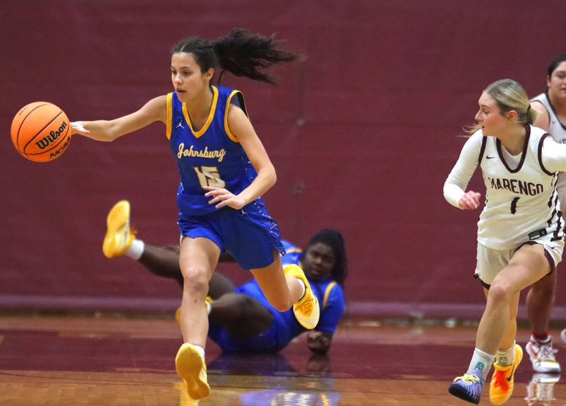 Johnsburg’s Kailey Delulio corrals a loose ball in varsity girls basketball on Tuesday, Jan. 6, 2026 at Homer “Bill” Barry Gymnasium on the campus of Marengo High School in Marengo.