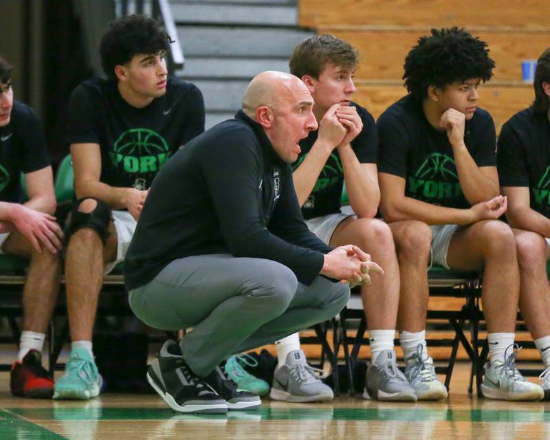 York's head coach Mike Dunn yells out instructions during their basketball game between Lyons at York. Jan 10, 2025 in Elmhurst.