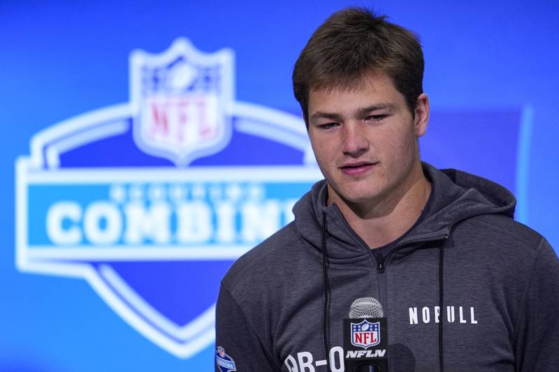 North Carolina quarterback Drake Maye speaks during a press conference at the NFL combine in Indianapolis, Friday, March 1, 2024.