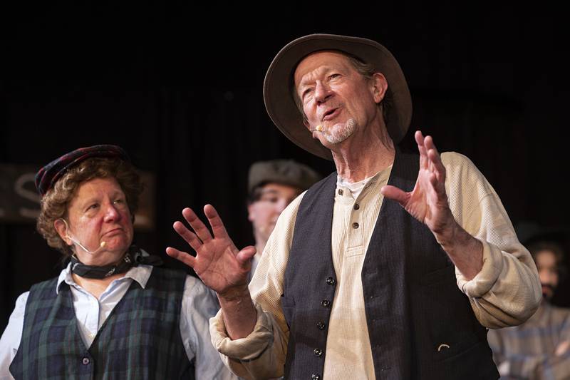 John Chase, playing the part of Ben Rumson, rehearses a scene for PAG’s “Paint Your Wagon” on Monday, April 13, 2026.
