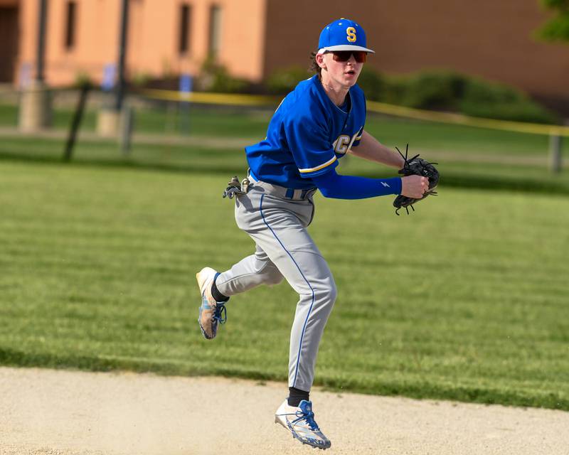 Somonauk's Noah Brandt (24) watches as he turns a double play during the game on Tuesday May 13, 2025, while taking on Newark High School held at Somonauk High School.