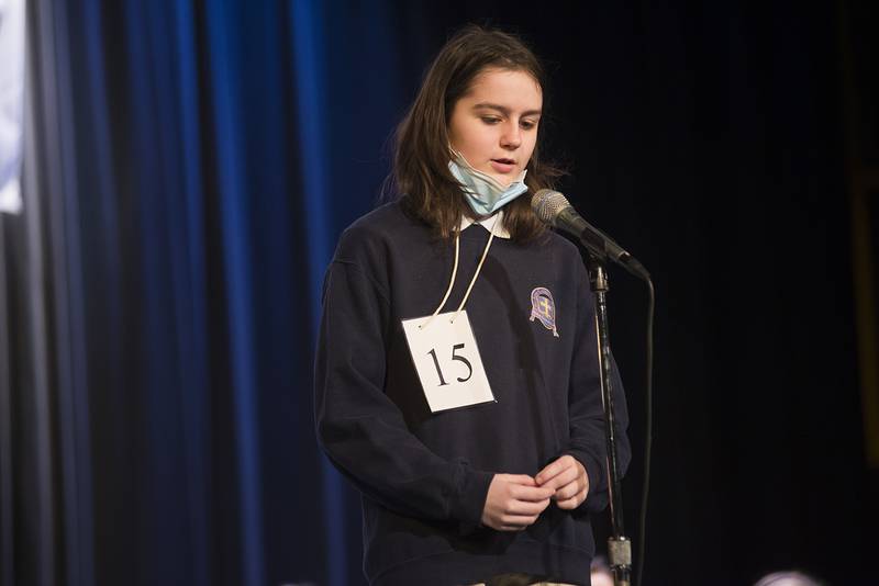 Olivia Fritts of St. Anne School competes in the the Lee-Ogle-Whiteside Regional Spelling Bee Thursday, Feb. 24, 2022. Fritts misspelled “insomnia.”