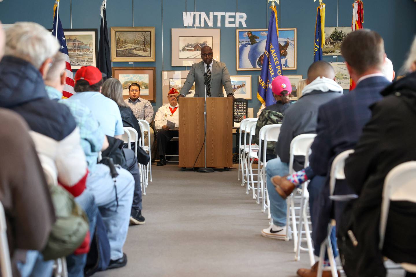 U.S. Army veteran and Kankakee Police Deputy Chief Donell Austin shares his family's story of military history during the Kankakee County Veterans Council's Veterans Day Ceremony on Nov. 11, 2025, at the Kankakee County Museum.