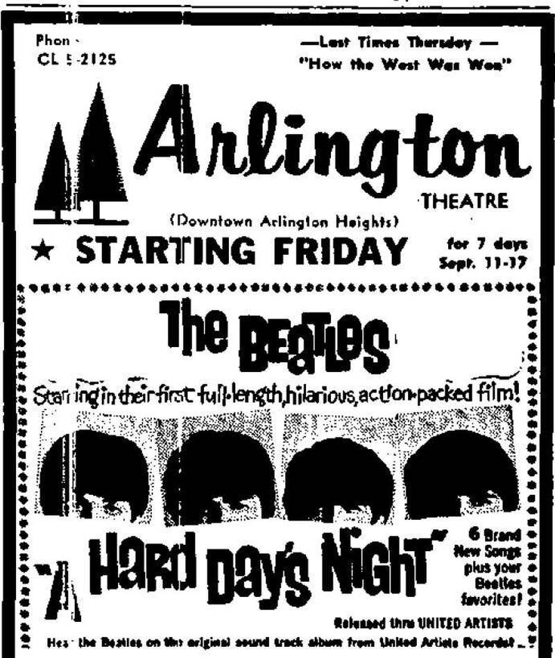 A movie listing from September 1964 promotes “A Hard Day’s Night,” which played at suburban theaters including Arlington Theatre in downtown Arlington Heights.