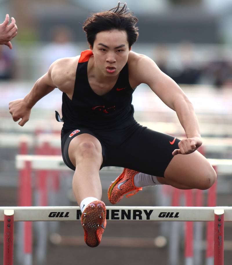 Crystal Lake Central’s Eric Wang competes in the 110-meter hurdles during the McHenry County Track and Field Meet at McCracken Field on Thursday, April 24, 2025, in McHenry