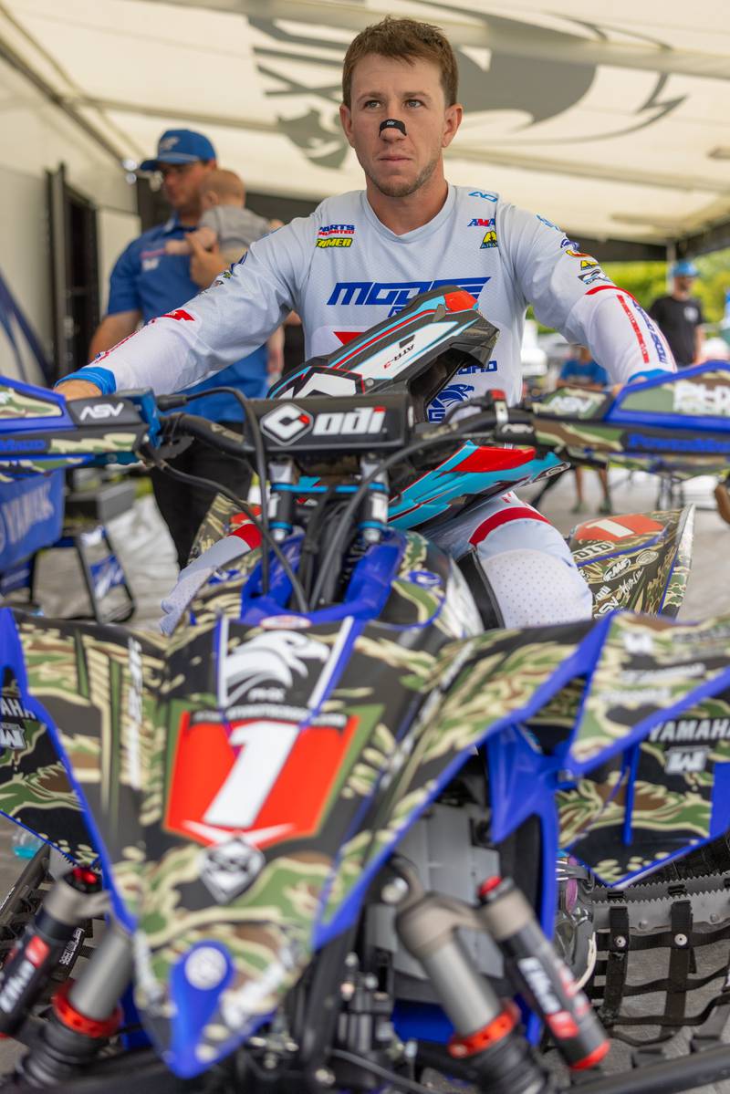 Current series point champion Joel Hetrick focuses prior to the start of race three of the triple crown event at the ATVMX Championship race on May 24, 2025 at Sunset Ridge MX in Walnut.