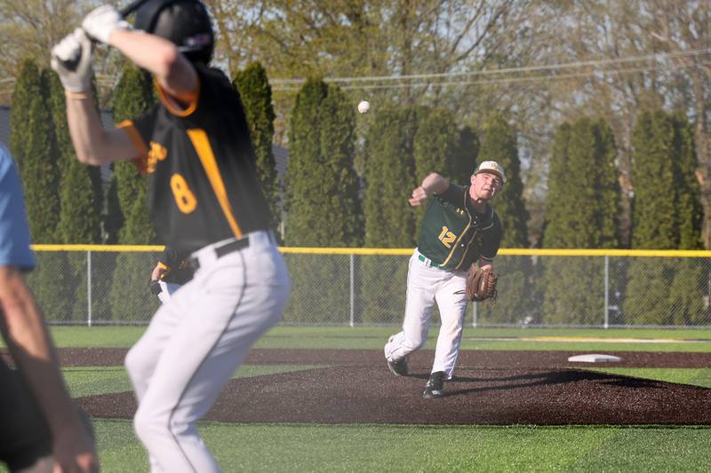 Grant Park's Aiden Overbeek releases a pitch during the Dragons' 21-0 loss to Herscher on Wednesday, April 23, 2025.