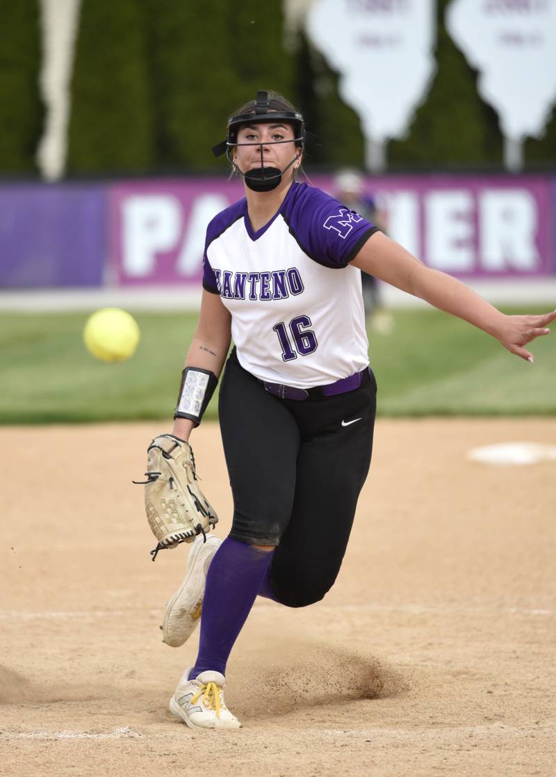 Manteno's Bella Gigliello pitches in a game against Bradley-Bourbonnais on Thursday, May 15, 2025.