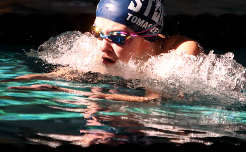 Dundee-Crown co-op’s Kaitlyn Tomaszewski competes in the 100-yard breaststroke during the Fox Valley Conference Championship Meet at Woodstock North High School on Saturday, Nov. 2, 2024 in Woodstock .