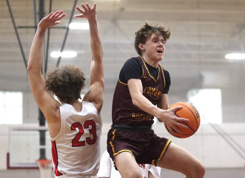 Richmond-Burton’s Dane Gardner soars to the hoop against Stillman Valley during 74th Annual E.C. Nichols Holiday Classic varsity boys basketball tournament action on Saturday, Dec. 28, 2024 at Marengo High School in Marengo.