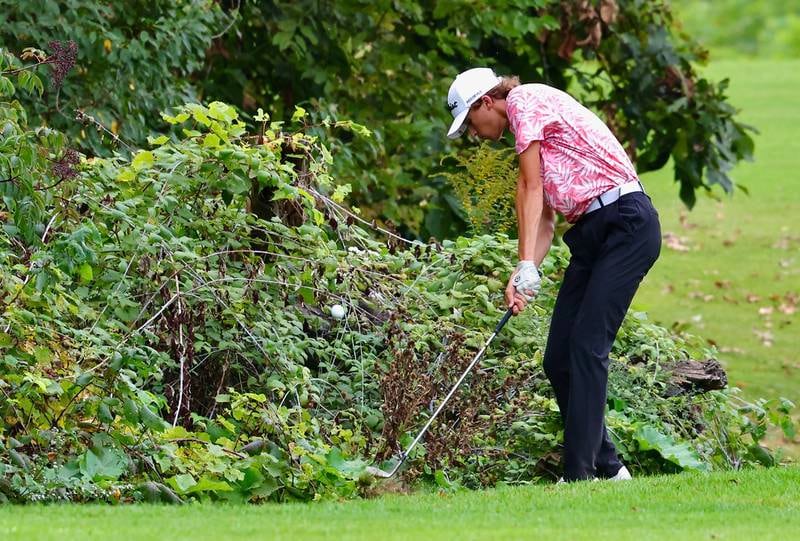Hall's Joseph Perez hits the ball during the Three Rivers Conference Tournament on Tuesday, Sept. 23, 2025 at Chapel Hill Golf Course in Princeton.