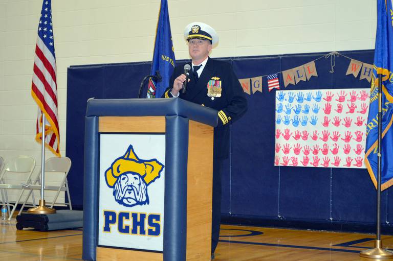 U.S. Navy Lt. Cmdr. Rick Knutson, of Polo, speaks at Polo Centennial Elementary School on Nov. 11, during a Veterans Day program. More than 100 people attended the ceremony, which was open to the public.