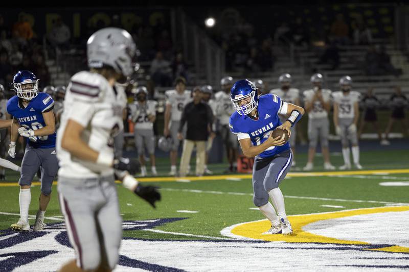Newman’s Evan Bushman looks to run against Rockridge Friday, Sept. 27, 2024, in Sterling.